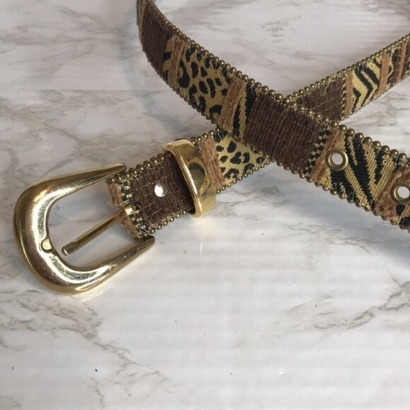 Vintage 1990s Elite Metallic Leather Gold Tone Leopard Snakeskin Embossed Medium - Picture 2 of 6